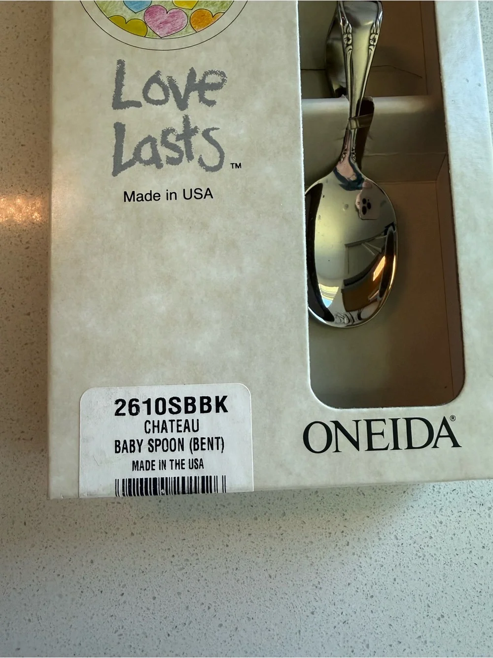Vintage 1990 Oneida Silver Polished Bent Baby Spoon - Love Lasts Gift Box NWT